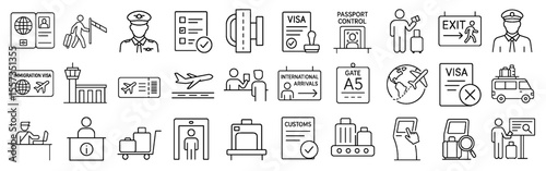 Airport and Travel Stroke Icon Collection. Containing Passport, Security, Boarding Pass, Customs, and more icons. Editable Stroke icon set Outline style.