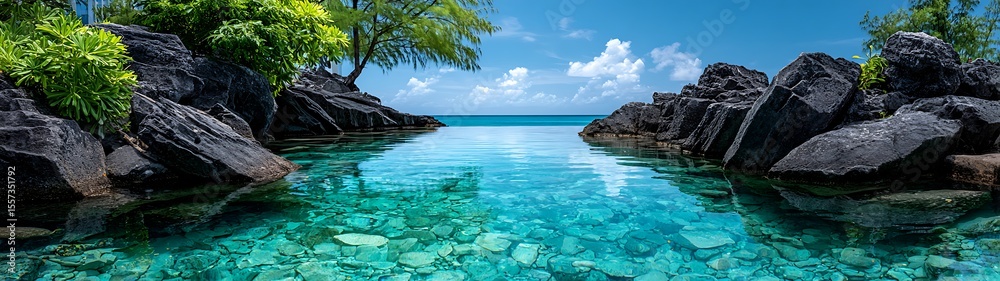 Fototapeta premium Crystal-clear water, rocky shoreline, tropical paradise