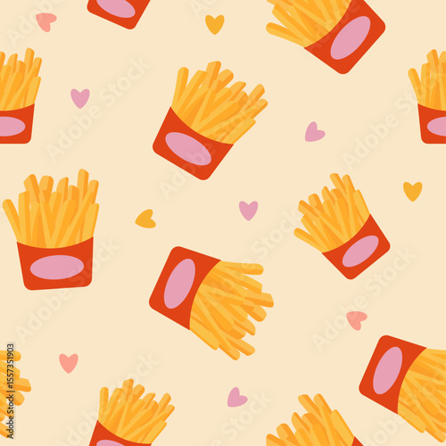 Seamless pattern red boxes, crispy french fries, colorful hearts. For food packaging, textile prints, and cafe themed decorations.