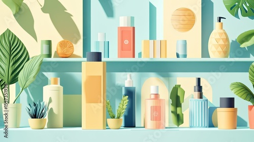 A vibrant display of colorful cosmetic and skincare products arranged on shelves, surrounded by tropical plants and geometric shapes, creating a lively and refreshing atmosphere