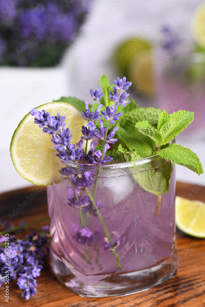 Mojito cocktail with lavender and mint aroma. Summer refreshing drink Mojito cocktail with lavender and mint aroma. Summer refreshing drink