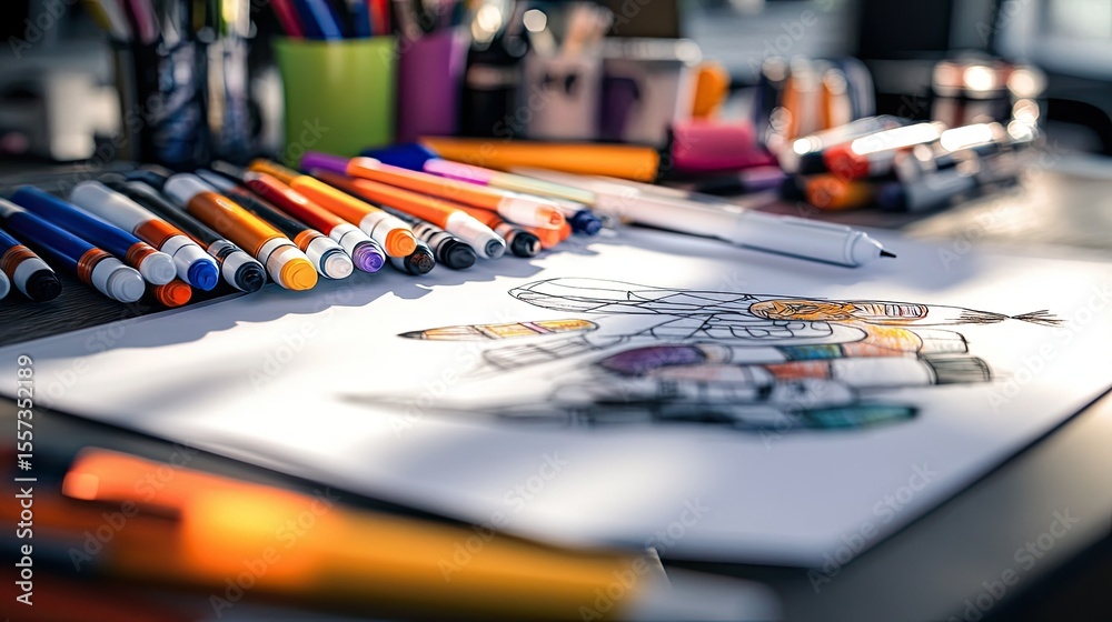 Fototapeta premium A vibrant workspace filled with colorful markers and pens, showcasing a partially colored drawing of a rocket, with various art supplies scattered across a wooden desk