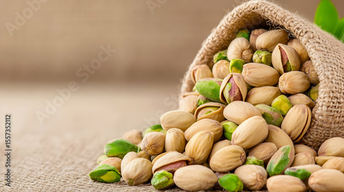 Fresh organic pistachio nuts with green leaves on a wooden table make a healthy gourmet snack.