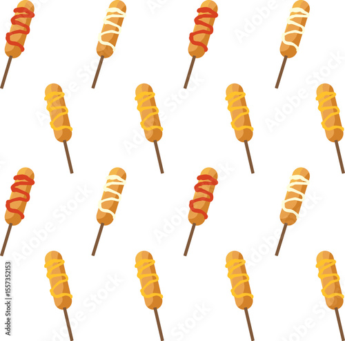 Seamless pattern corn dogs with mustard, ketchup, mayonnaise. For street food, packaging, wrapping paper, snack themed design.