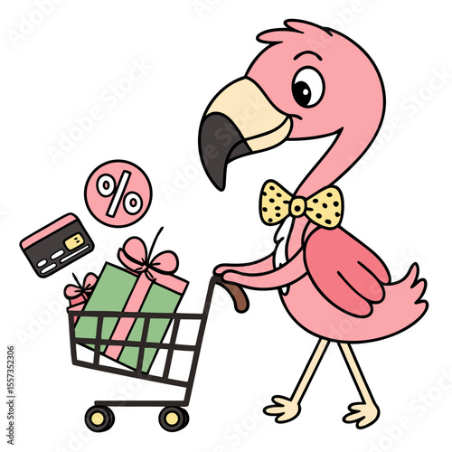 Charming SVG of a Silly Flamingo featuring wearing a bowtie, styled in a Black Friday / Cyber Monday theme with Shopping Spree hues