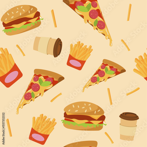 Seamless pattern burgers, pizza slices, french fries, and coffee cups. For street food designs, packaging, menu covers, and snack bar decoration.