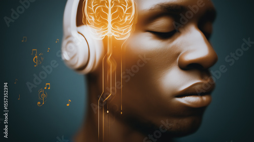 Mindful Melodies: A man with headphones on, eyes closed, experiencing the power of music.  Brain activity is shown as a visual representation of the music's impact.
