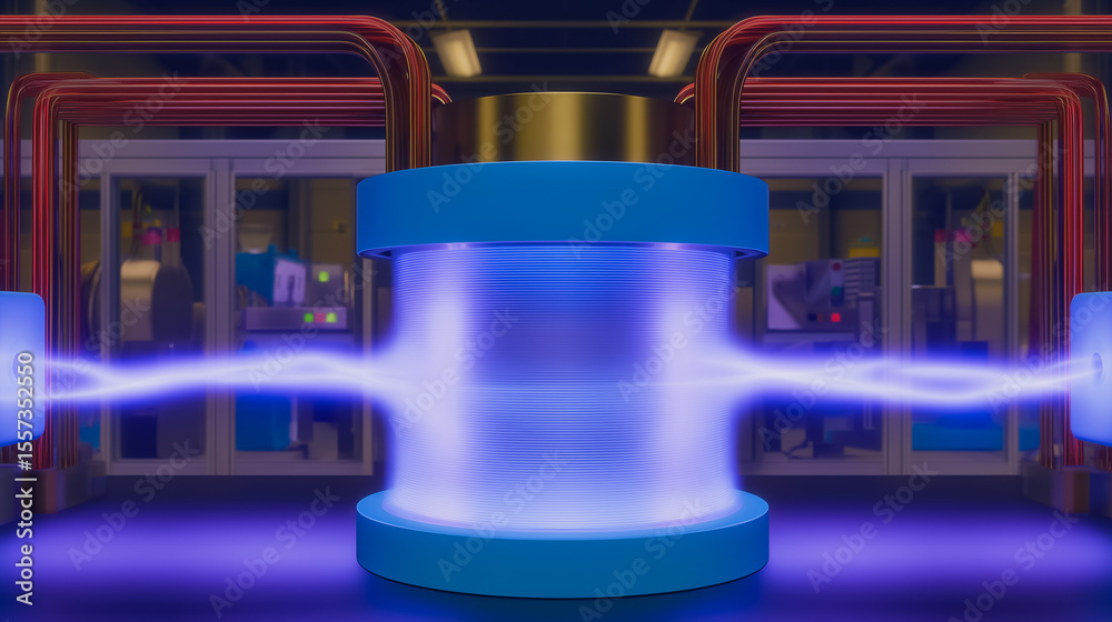 Obraz premium Energy Fusion: A close-up view showcases a scientific marvel: the intricate process of energy fusion, with a vibrant display of electrical arcs pulsing through the core of a modern machine.