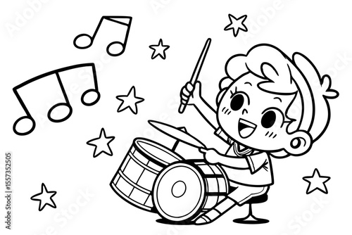 a cute child is playing drumband for coloring book, coloring page, kids