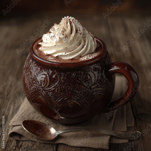 Gourmet Hot Chocolate with Whipped Cream on Rustic Wooden Table