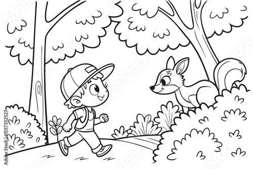 an adventurous child is walking in the forest for coloring book, coloring page, kids
