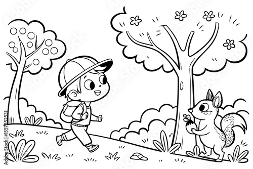 an adventurous child is walking in the forest for coloring book, coloring page, kids