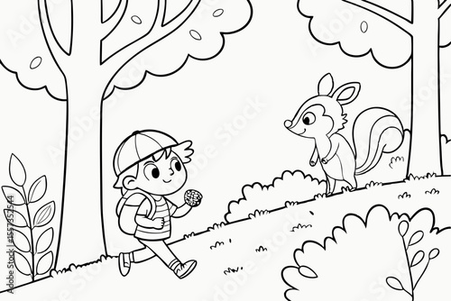 an adventurous child is walking in the forest for coloring book, coloring page, kids