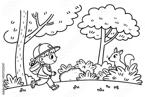 an adventurous child is walking in the forest for coloring book, coloring page, kids