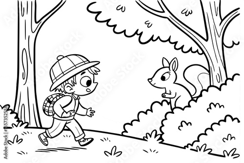 an adventurous child is walking in the forest for coloring book, coloring page, kids