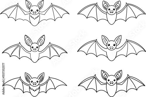 Set of Cute Flying Bats Line Art Vector – Hand Drawn Halloween Animal Collection
