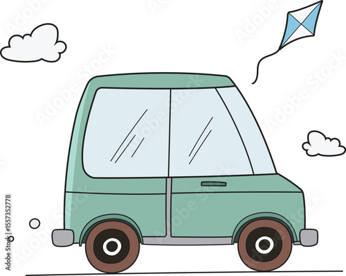 Cute car hand drawn doodle illustration cartoon isolated vector. Clip art of car traveling transportation with cloud and kite element 
