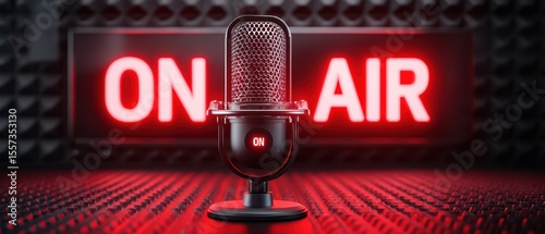 A classic microphone stands in front of a glowing 