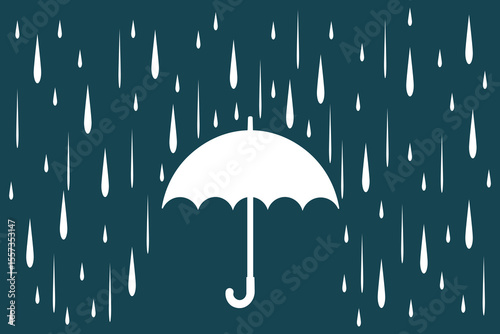 Colorful cartoon umbrella in the rain, flat vector with falling drops in pastel tones for baby products, nursery art, and seamless seasonal backgrounds

