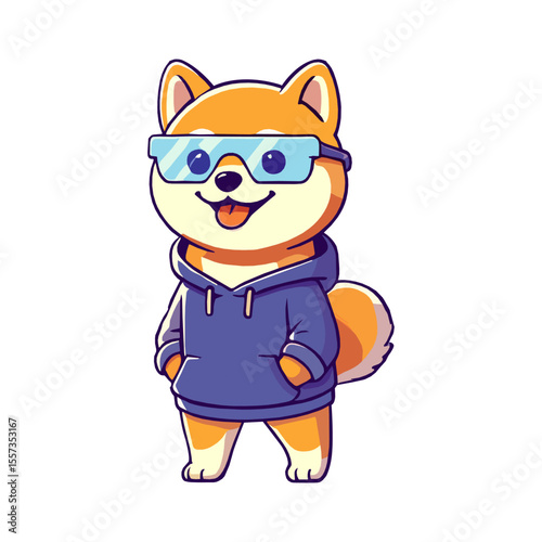 Cute Shiba Inu Dog Wearing Hoodie and Glasses Cartoon Illustration