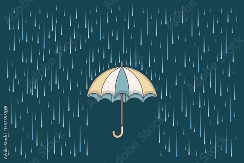 Flat design umbrella and rain drops illustration, cartoon vector in pastel palette for kids educational material, nursery visuals, and rainy day graphics
