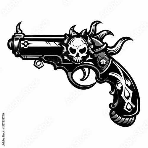 Ornate Skull Emblazoned Revolver Illustration with Gothic Design Elements