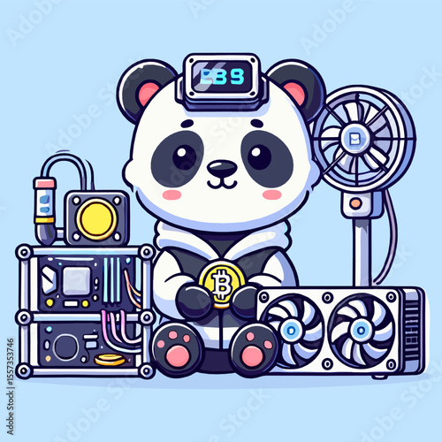 Cartoon Panda with Bitcoin Mining Rig Setup Illustration