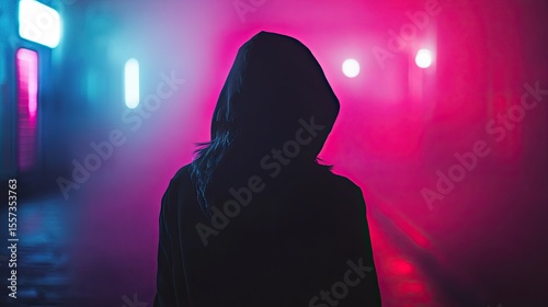 Person in a hoodie neon lit city background