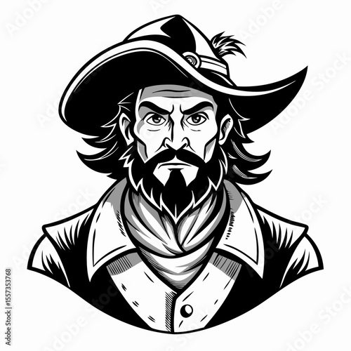 Monochrome Illustration of a Pirate with Hat and Beard in Vintage Style