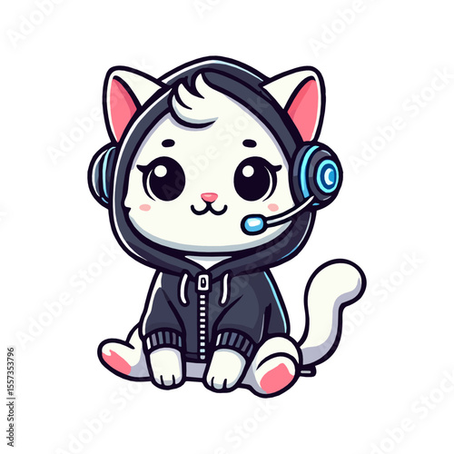 Cute White Kitten Wearing Black Hoodie and Headphone Cartoon Character
