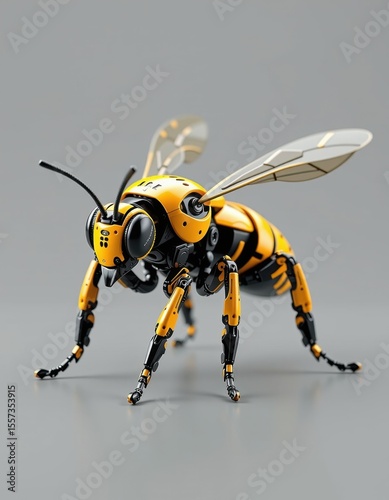 Futuristic robotic bee in studio setting technology concept macro perspective innovative design