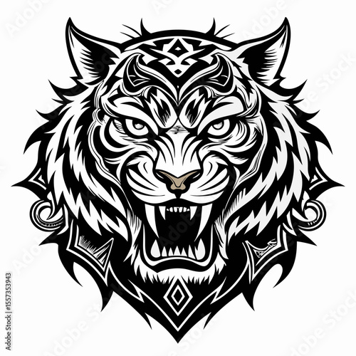 Intricate Black and White Artistic Tiger Head Illustration with Tribal Patterns
