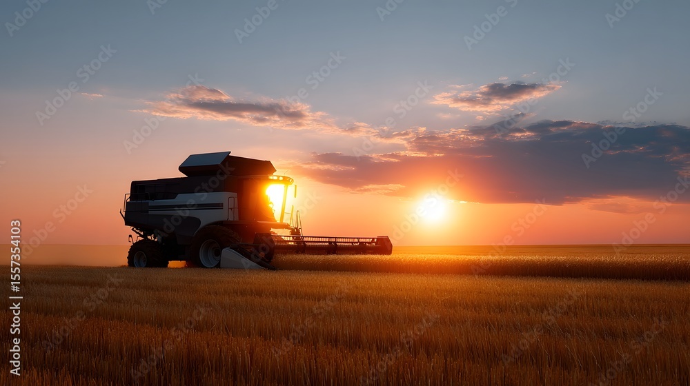 Fototapeta premium Combine harvester working in a wheat field at sunset