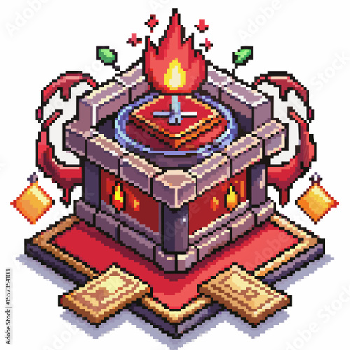 Pixel Art Fantasy Altar with Fire and Spellbook on Stone Pedestal