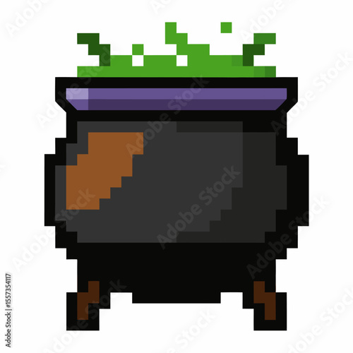 Pixel Art Witch's Cauldron with Bubbling Green Potion for Halloween