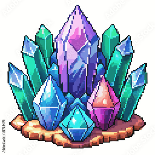 Colorful Pixelated Crystal Cluster Illustration in Vibrant Retro 8 Bit Style Art
