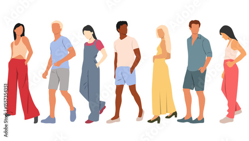 Group of young men and women, profile, different colors, cartoon character, silhouettes of stand business people, students, design concept of flat icon, isolated on white 