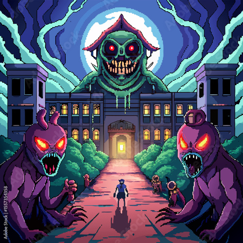 Spooky Pixel Art Haunted Mansion with Monsters in Vibrant Retro Style