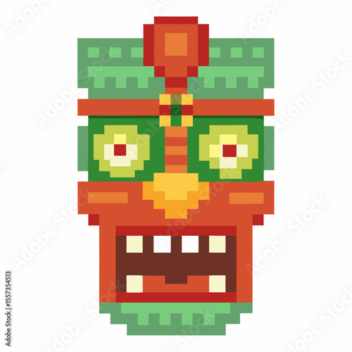 Colorful Retro Pixel Art Tribal Mask Illustration with Geometric Shapes and Bright Colors