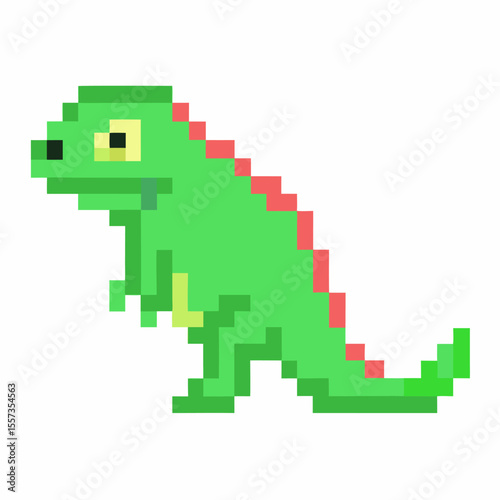 Pixel Art Dinosaur Character   Green Retro 8 Bit Style Illustration