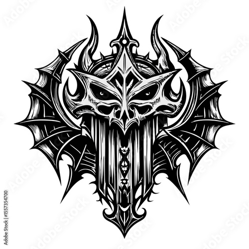 Intricate Dark Gothic Skull Design with Wings and Spikes