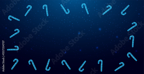 Candy cane and tree branches, Christmas concept with glowing low poly candy on dark blue background. Wireframe low poly design. Abstract futuristic vector illustration