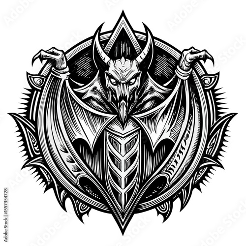 Intricate Gothic Demon Illustration Featuring Bat Wings and Horns