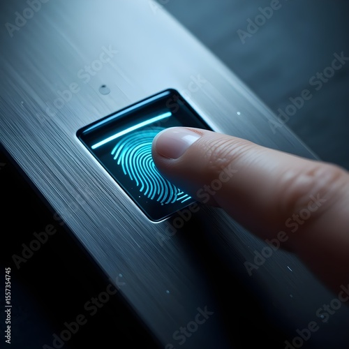 A close-up of a finger scanning a biometric fingerprint sensor, highlighting modern security technology in action.