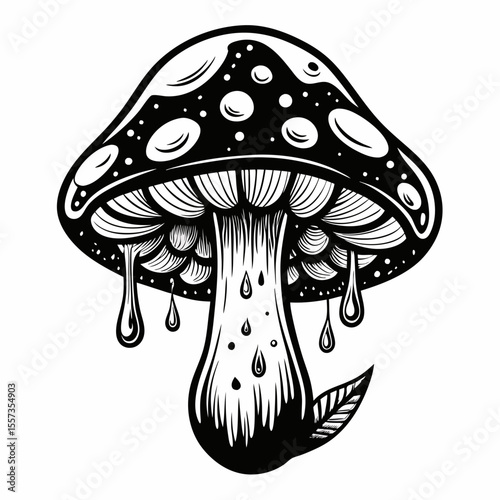 Intricate black and white illustration of a dripping mushroom with a leaf accent