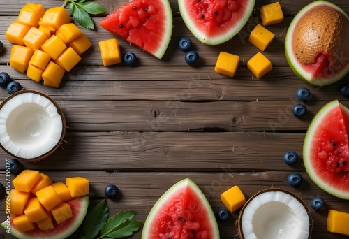 A vibrant fruit spread featuring watermelon, mango, blueberries, and coconut on a rustic wooden table, showcasing fresh, healthy ingredients.