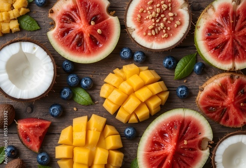 A vibrant fruit spread featuring watermelon, mango, blueberries, and coconut on a rustic wooden table, showcasing fresh, healthy ingredients.