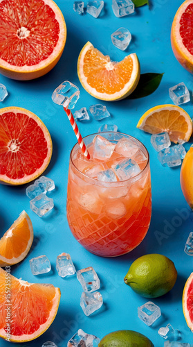 Refreshing citrus cocktail surrounded by vibrant fruits on a bright blue background