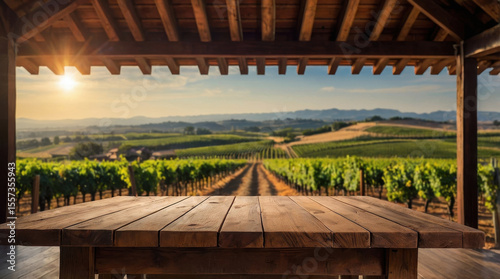 Vineyard landscape at sunset with wooden table in foreground