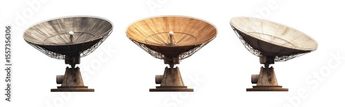 Three antique-style radio telescopes in different shades